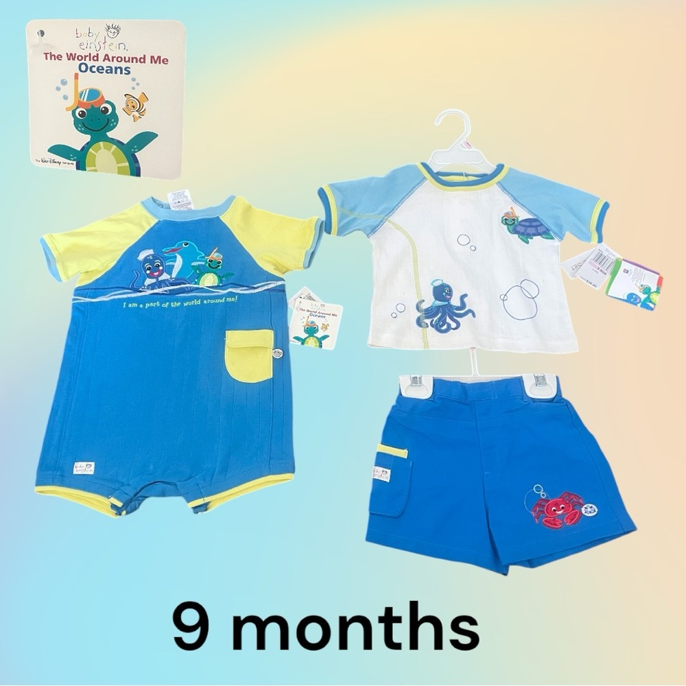NWT EARLY 2000'S BABY EINSTEIN "Oceans" 3 Piece Shirt/Shorts/Romper Set Sz 9mnth